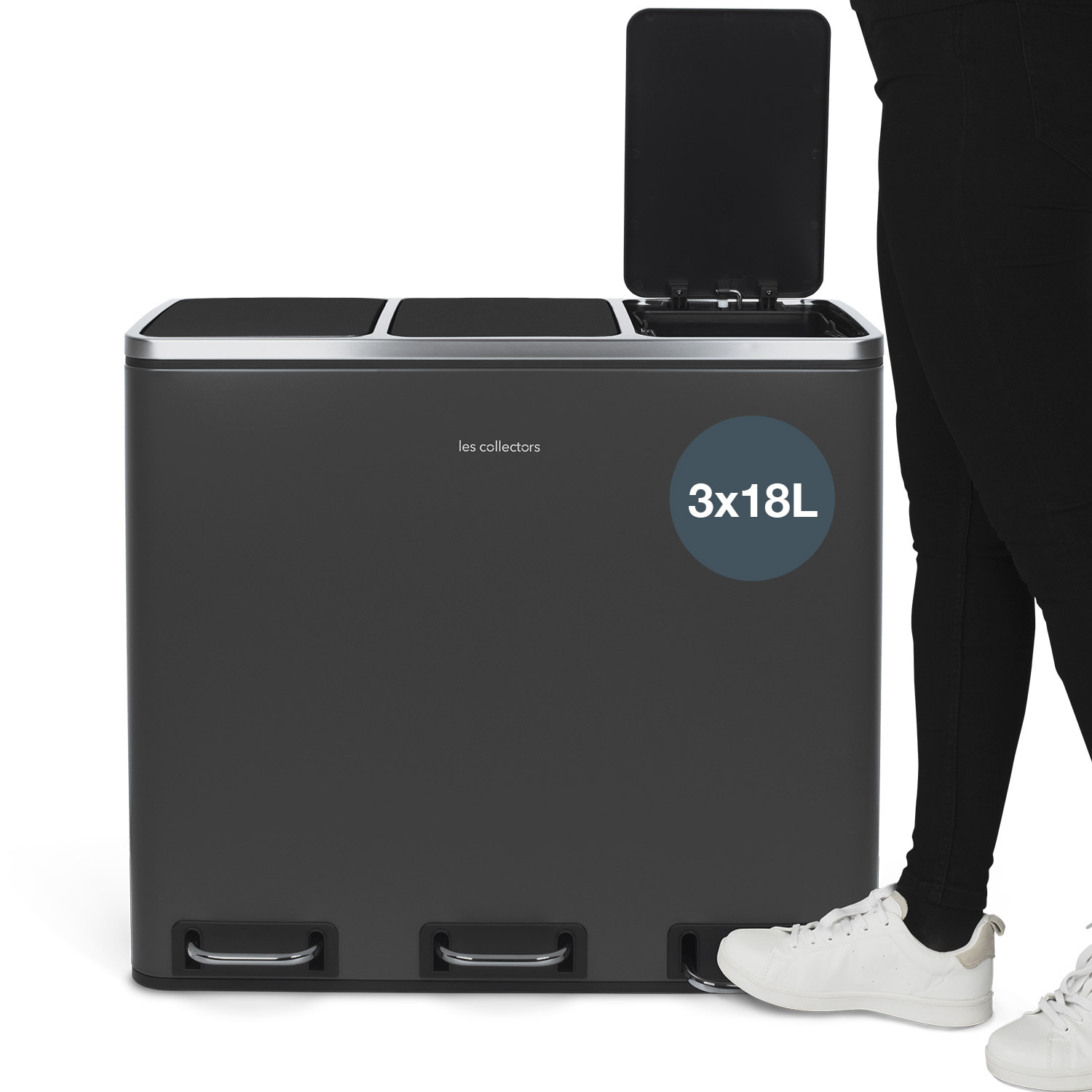 Les Collectors Nº990 – Papelera con pedal de 3 compartimentos, 54L, gris antracita
