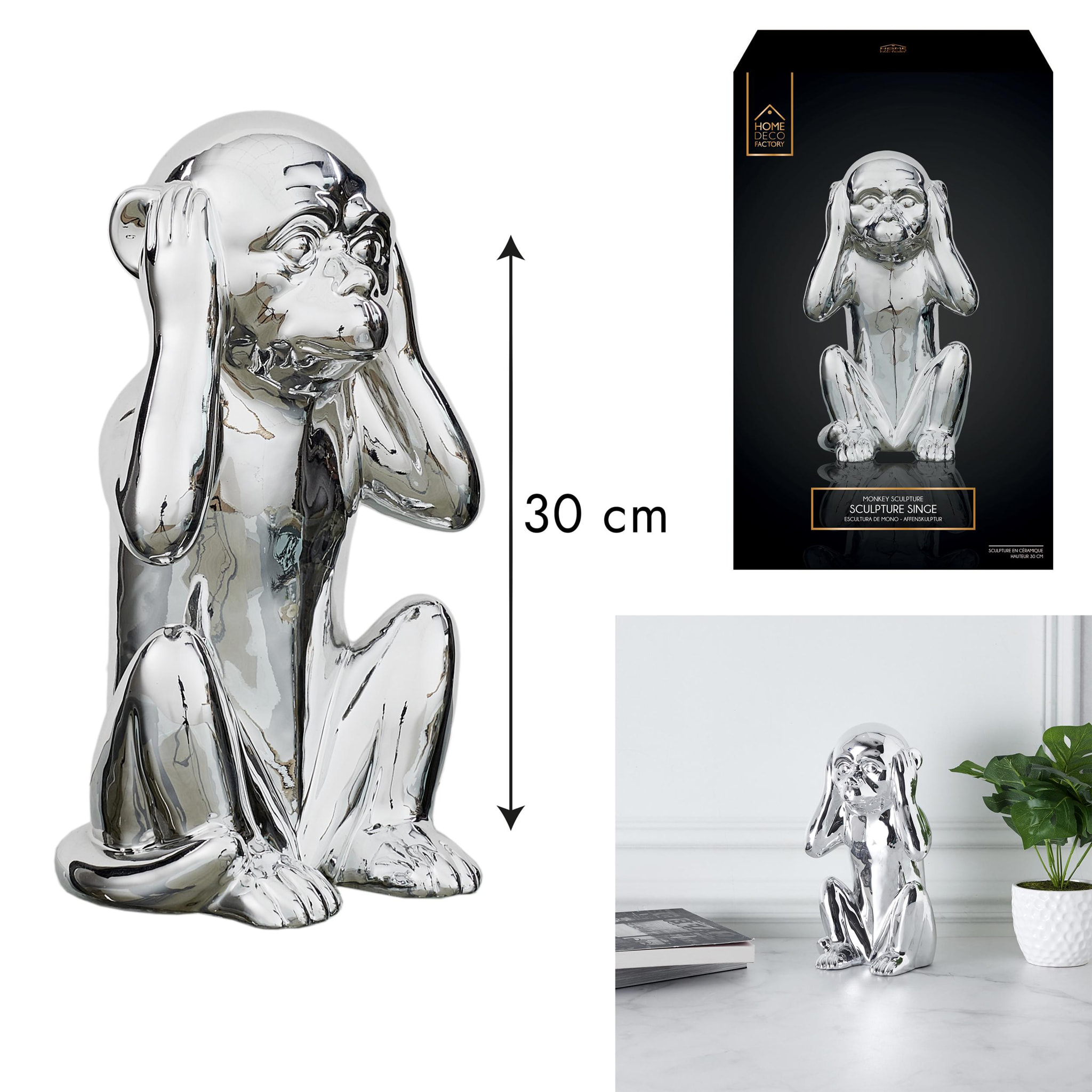 STATUE SINGE ARGENTE H28CM M6