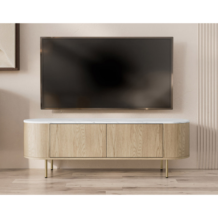 Sansa - meuble tv 139 cm - 2 portes - plateau effet marbre - Bois / Blanc