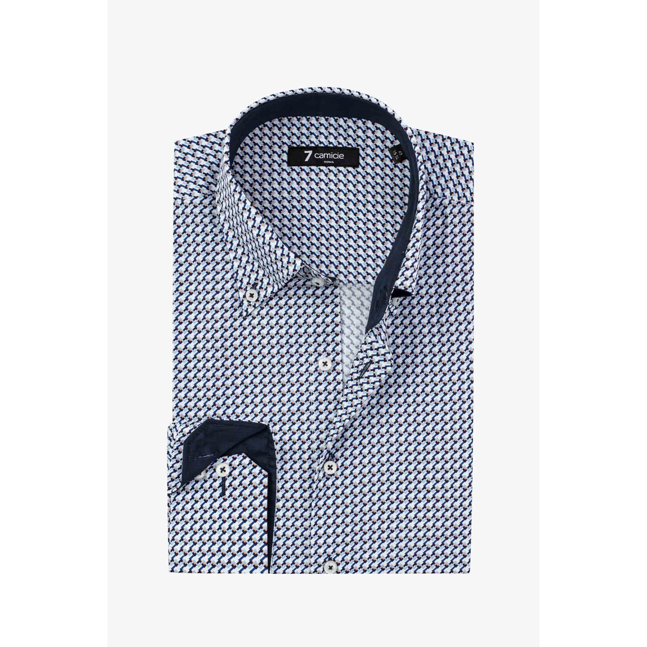 Camicia Uomo 2 Bottoni Button Down Slim Popeline Stampato Bianco/Bluette