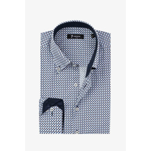 Camicia Uomo 2 Bottoni Button Down Slim Popeline Stampato Bianco/Bluette
