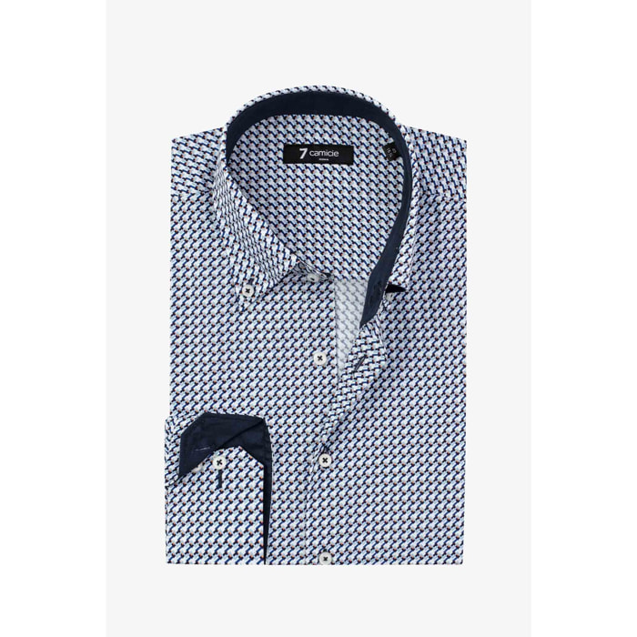 Camicia Uomo 2 Bottoni Button Down Slim Popeline Stampato Bianco/Bluette