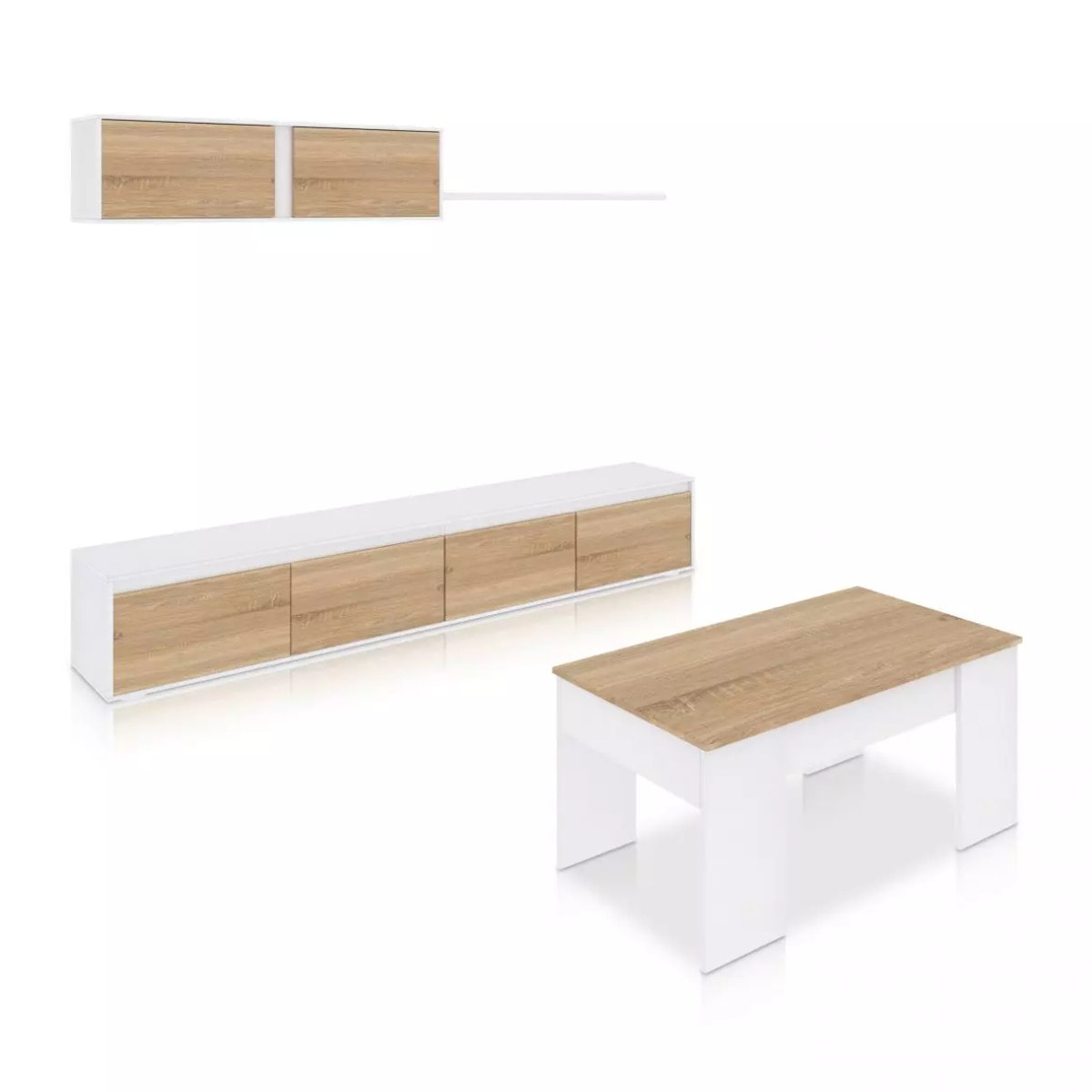 Pack salón con mesa de centro Arlet Plus V2 Blanco Artik (Blanco Mate) - Roble Canadian