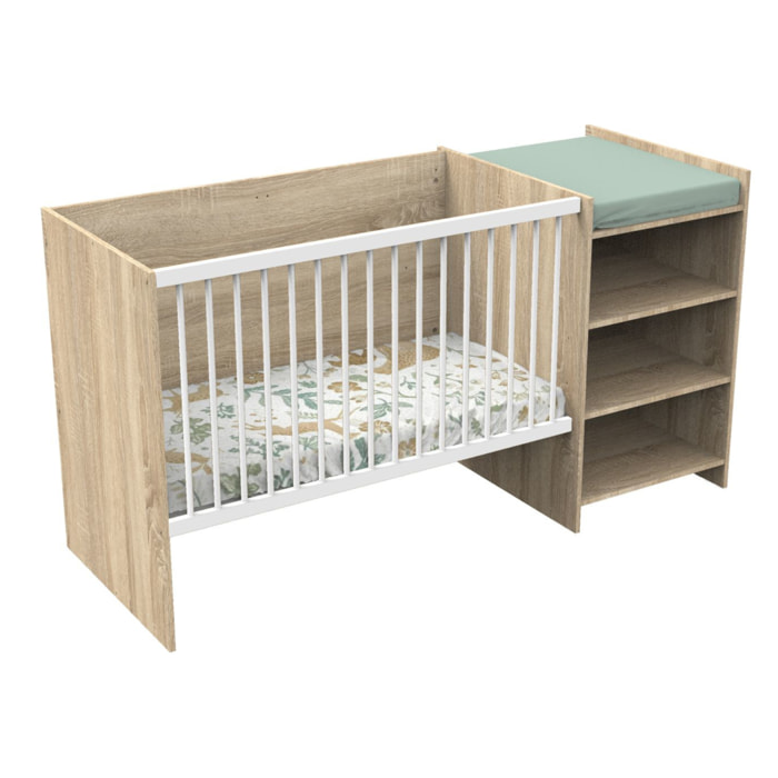 Lit bébé combiné 120x60 évolutif en 90x190 en décor bois avec commode à langer étagère