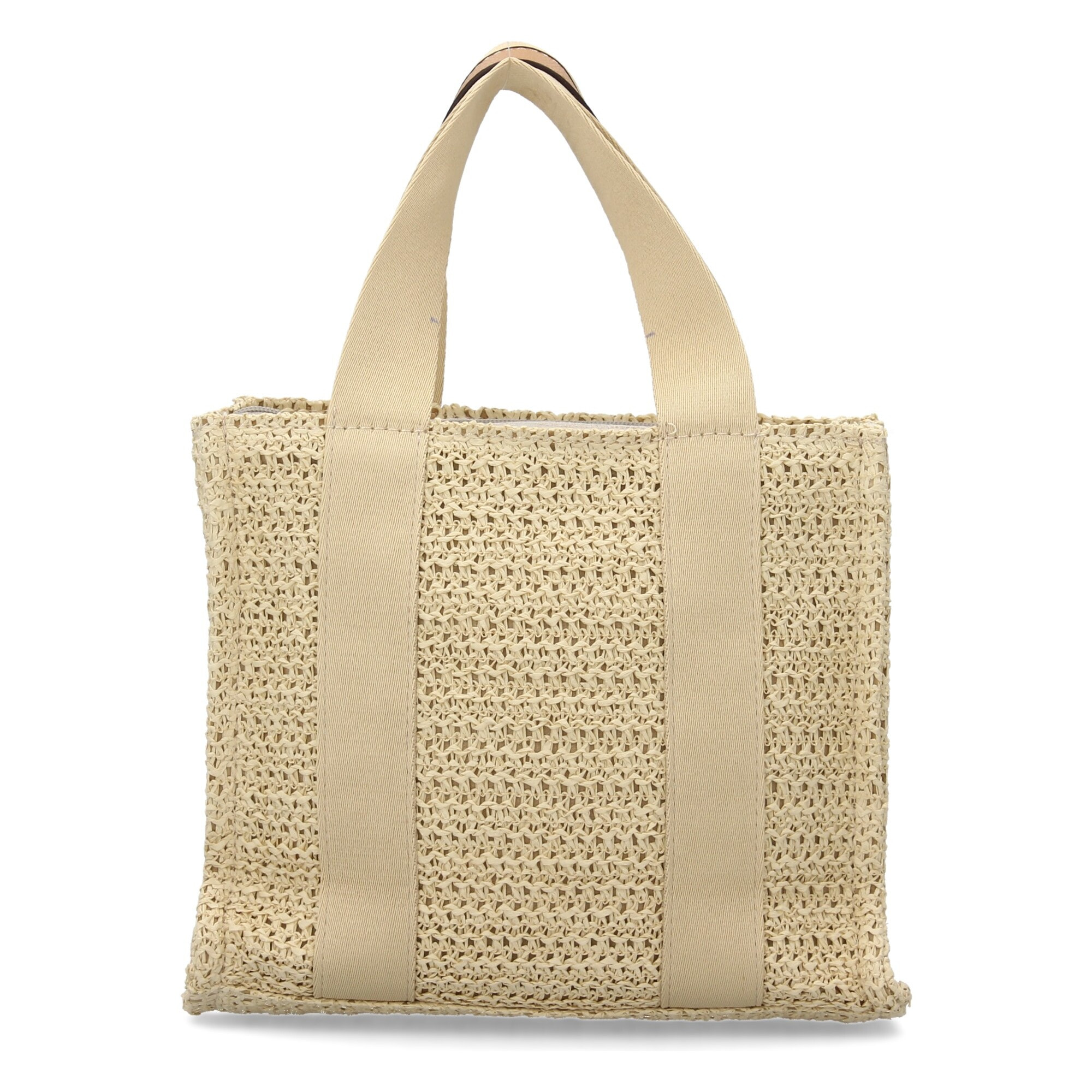 Bolso de hombro para mujer de rafia, diseño moderno con adornos metalicos.