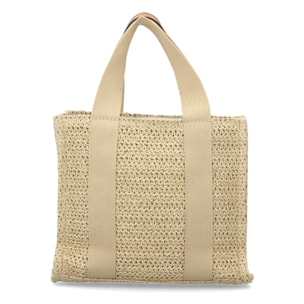 Bolso de hombro para mujer de rafia, diseño moderno con adornos metalicos.