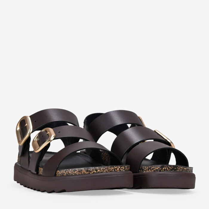 Sandalias de cuña marrones en piel con hebillas
