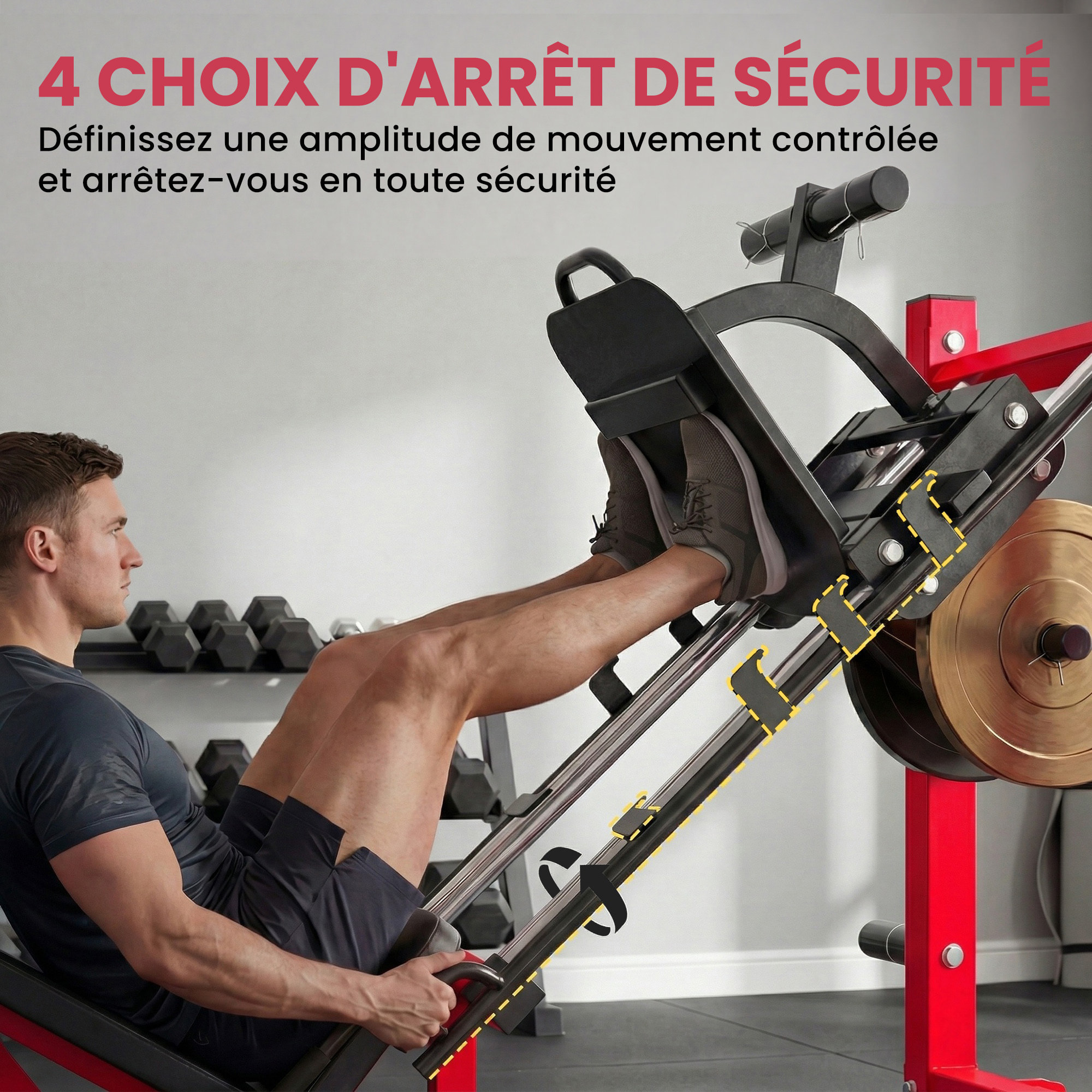 Presse à cuisses leg press machine pro 455kg compatible disques 25/50mm noir rouge