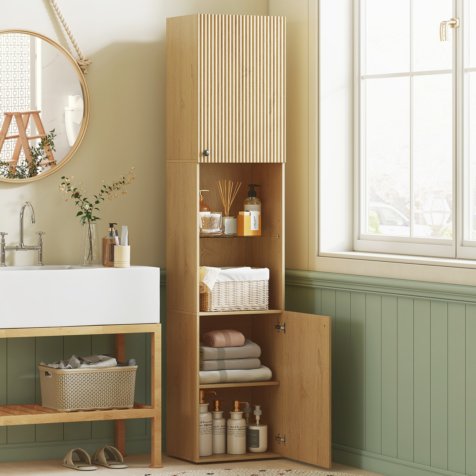 Armario de Baño Alto, Columna de Baño Estrecha de 6 Niveles con 2 Puertas, Estante de Vidrio Templado, Estantes Ajustables, 40x31x182 cm, Roble