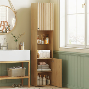 Armario de Baño Alto, Columna de Baño Estrecha de 6 Niveles con 2 Puertas, Estante de Vidrio Templado, Estantes Ajustables, 40x31x182 cm, Roble