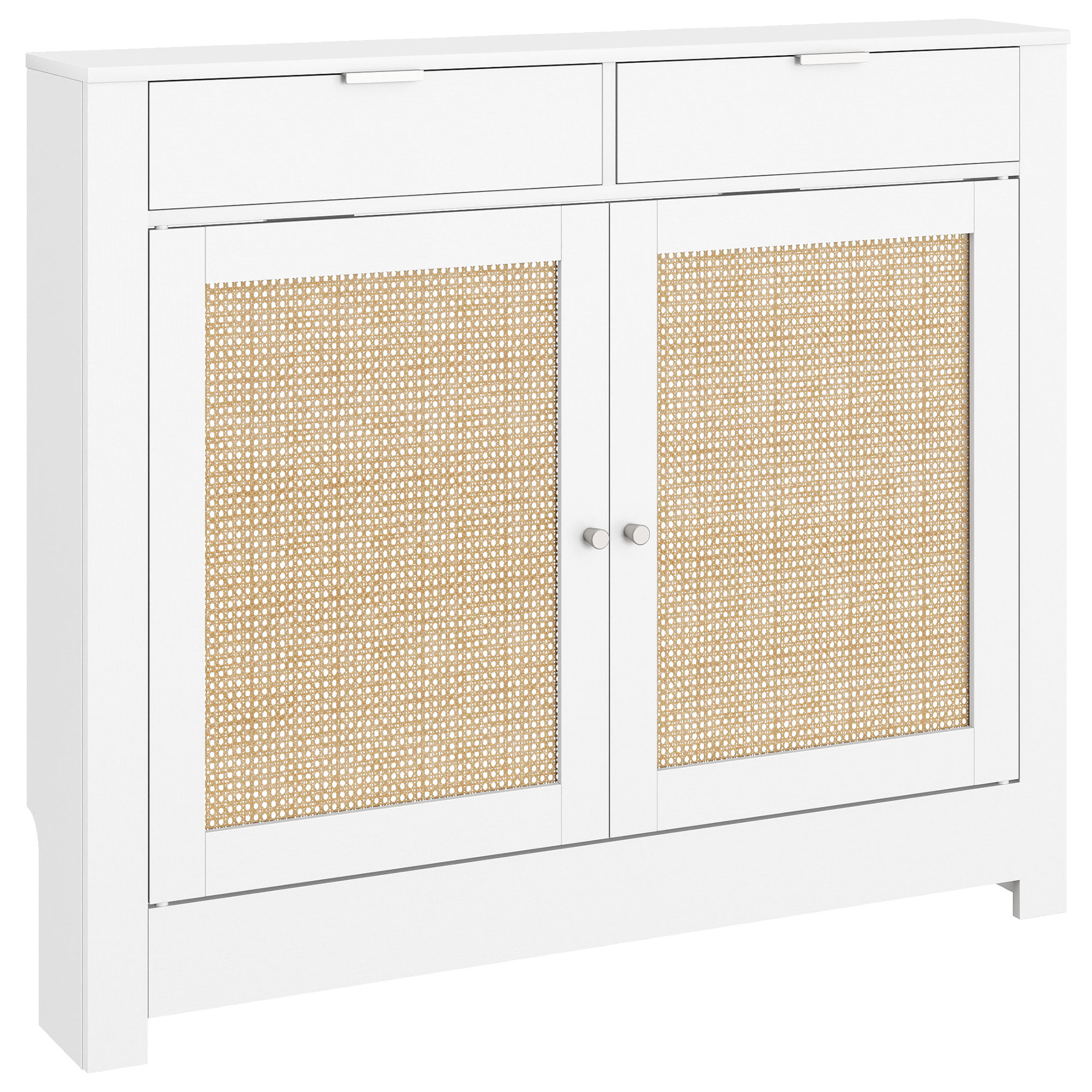 Cubre Radiadores con Puertas Abatibles y Ratán, Cubreradiador de MDF, 111x19x95,5 cm, Cubierta para Radiador, 2 Compartimentos, Diseño Bohemio, para Salón, Dormitorio, Blanco