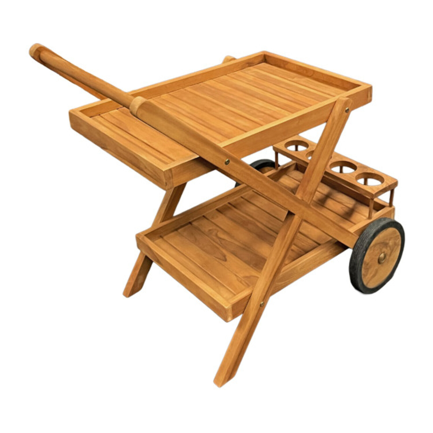 Desserte 2 plateaux 4 porte-bouteilles en bois de teck massif – TECKIA