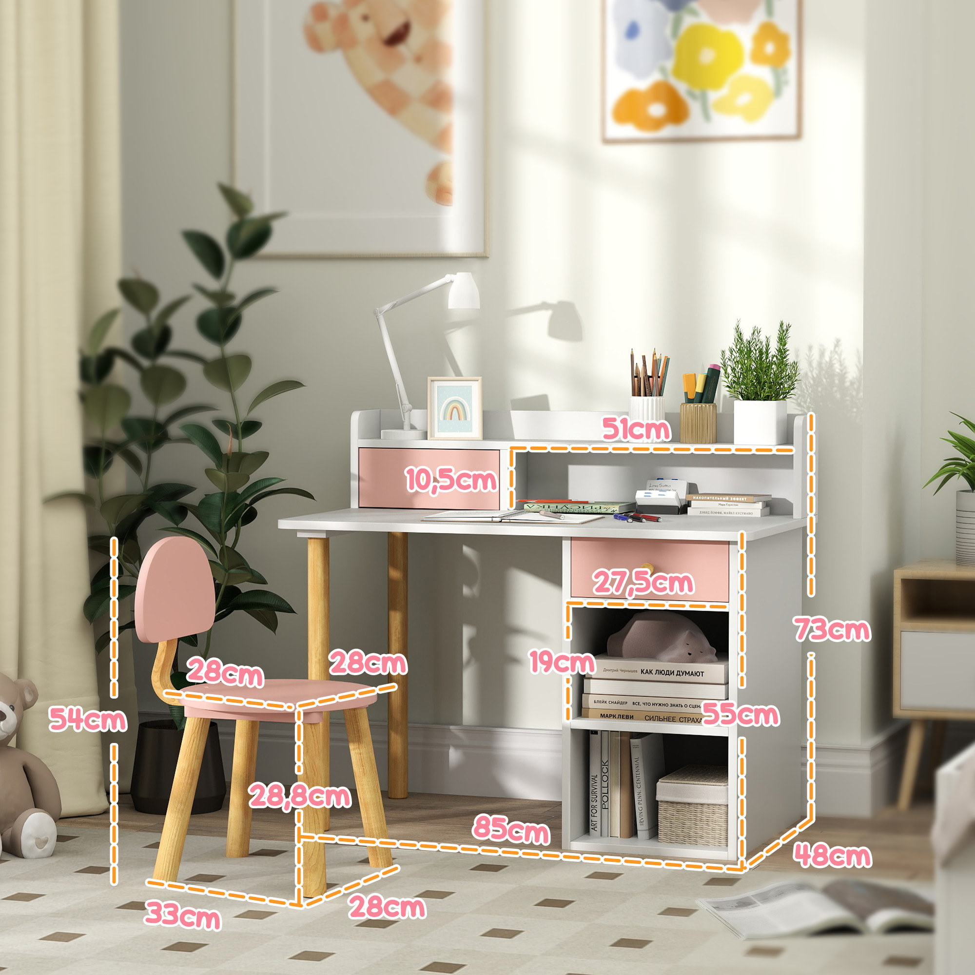 Juego de Escritorio y Silla para Niños de +3 Años Pupitre Infantil con Cajones Compartimento y Estantes para Dormitorio Sala Estudio Rosa y Blanco