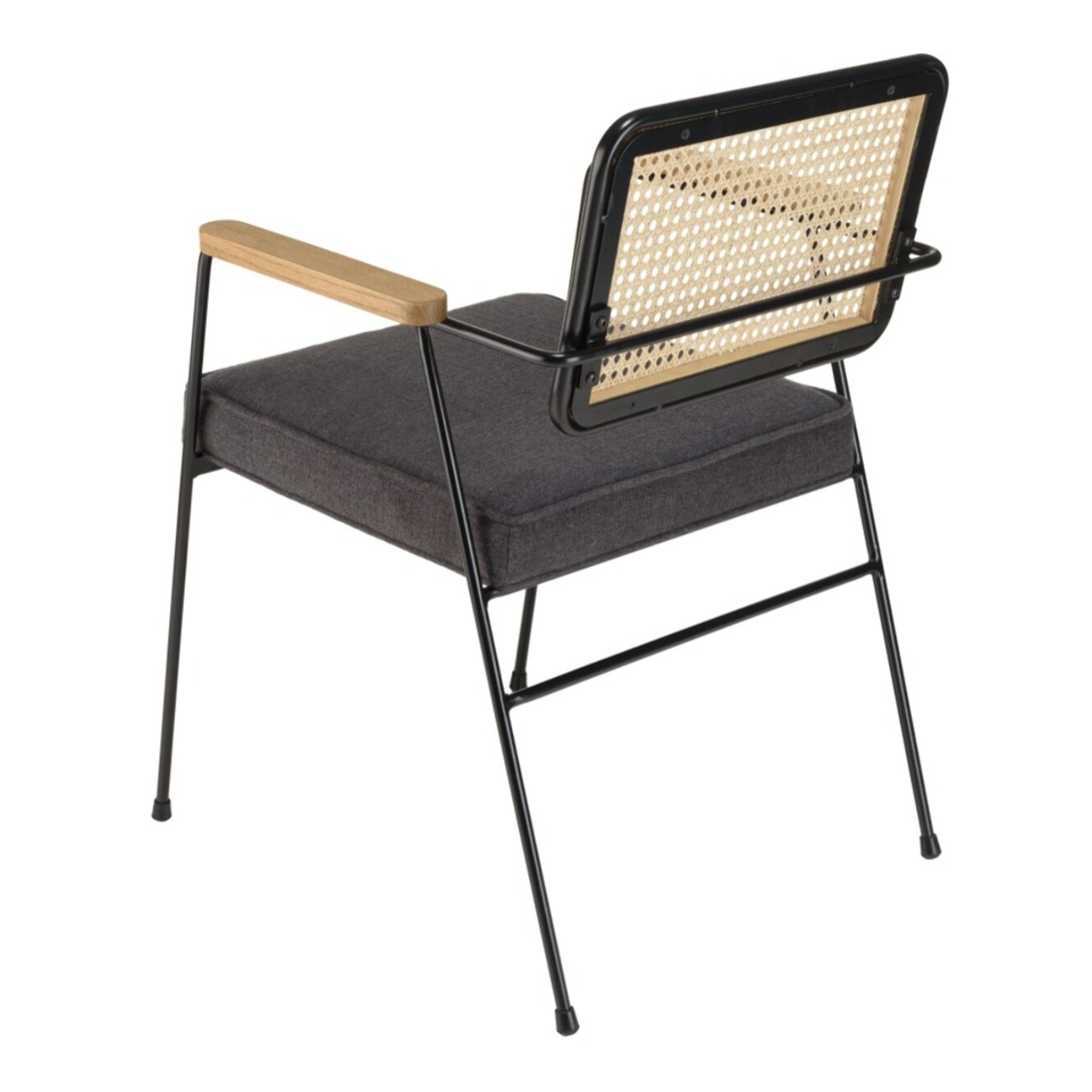 AGATHE - Fauteuil métal noir assise tissu gris foncé dossier rotin