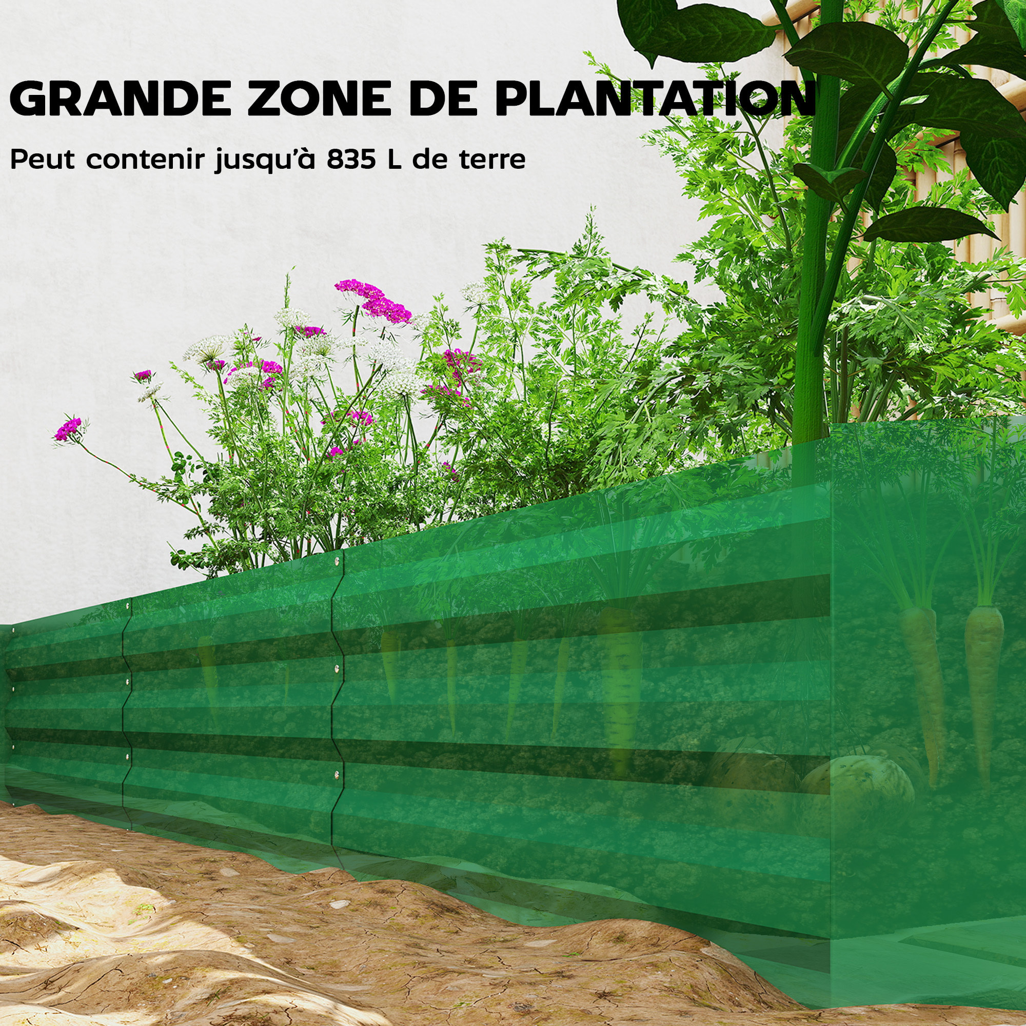 Carré potager de jardin dim. 240L x 120l x 30H cm tôle d'acier ondulée vert