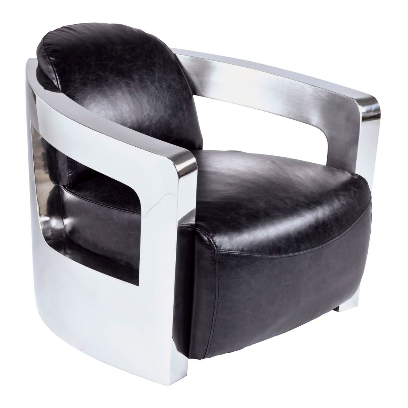 Fauteuil en cuir noir et structure en acier inoxydable ODYSSEE