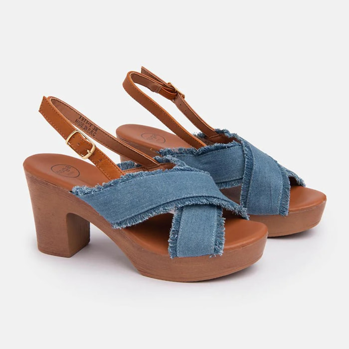 Zoccolo con fascia in jeans incrociata - AZZURRO