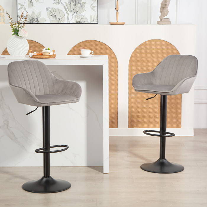 Lot de 2 tabourets de bar design velours pivotant avec repose-pieds acier noir gris
