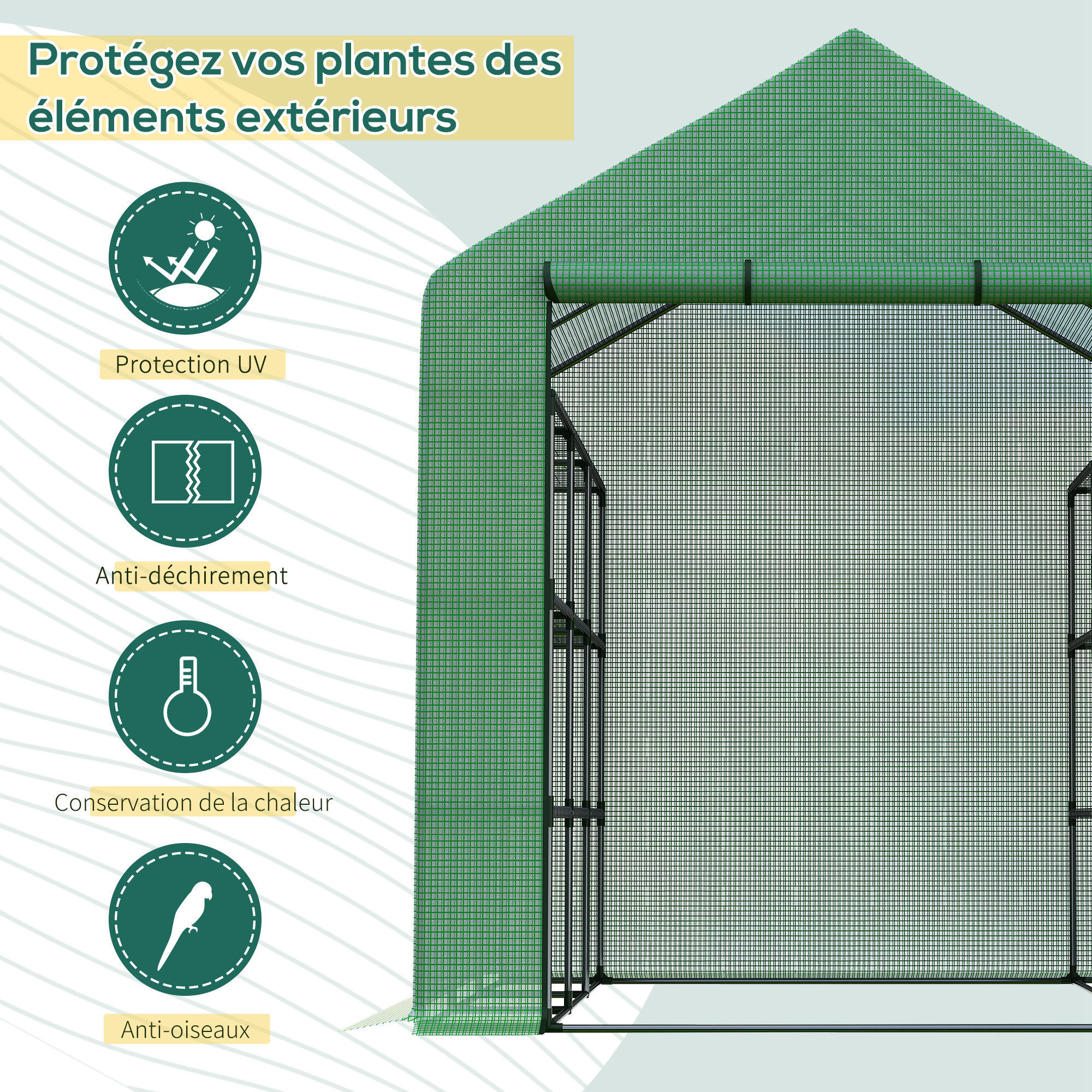 Serre de jardin 6 étagères dim. 244L x 180l x 210H cm porte enroulable acier noir bâche PE vert