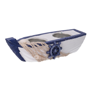 Portacandela in legno barchetta azzurro cm19x7h6