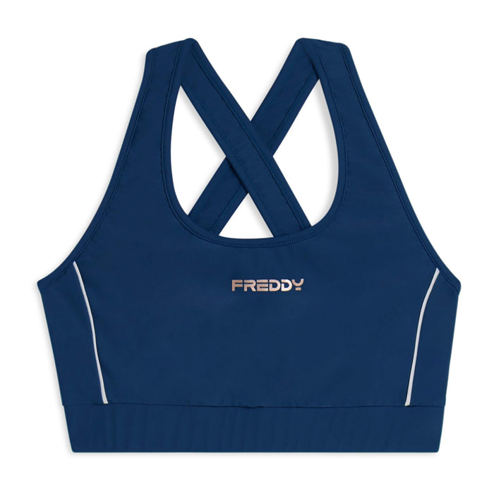 Top tecnico con spalline incrociate e profili bianchi