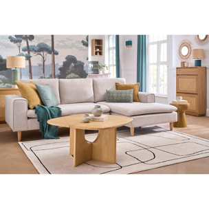 Canapé d'angle droit en tissu effet velours texturé beige et bois clair RAGNAR