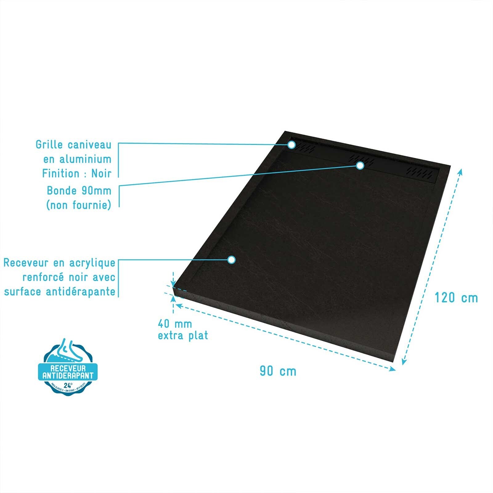 Receveur en acrylique Noir Effet Pierre 90x120x4 cm + Grilles Linéaires Chrome et Noire Mate