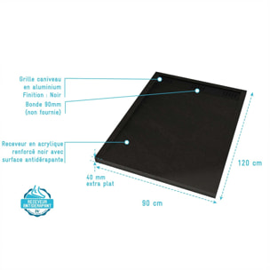 Receveur en acrylique Noir Effet Pierre 90x120x4 cm + Grilles Linéaires Chrome et Noire Mate
