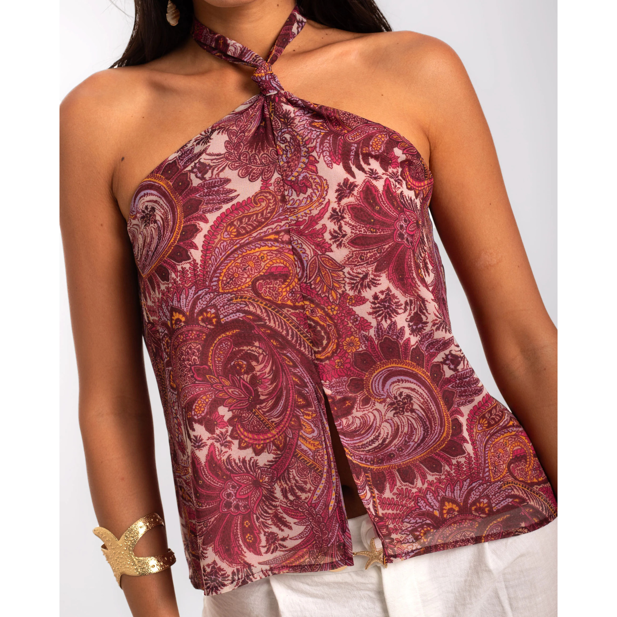 Blusa de mujer estampada con lazada al cuello y espalda descubierta