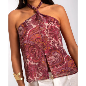 Blusa de mujer estampada con lazada al cuello y espalda descubierta