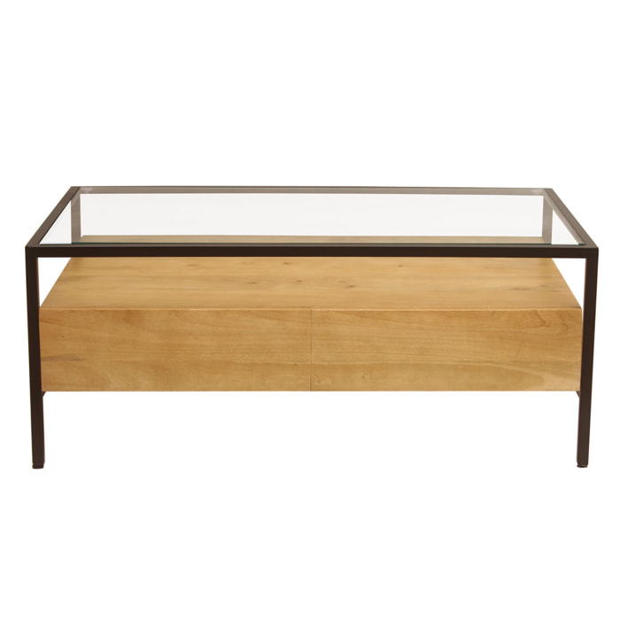 Table basse rectangulaire avec rangements en bois manguier massif, verre et métal noir L100 cm SITA