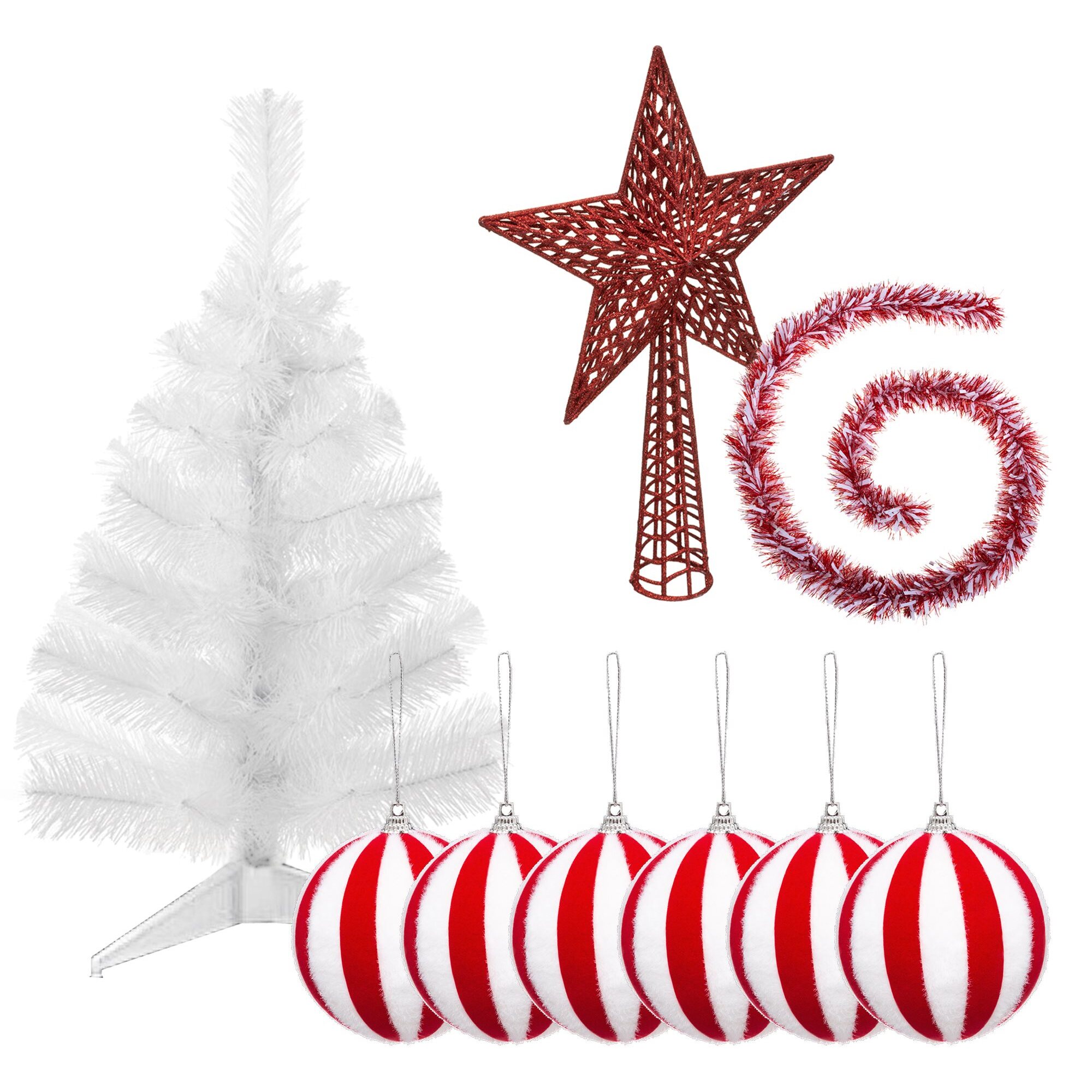 Pack decoración navidad: abeto blanco 70 cm con base + 6 bolas navidad rayas blanca y roja + estrella cresta roja + guirnalda espumillón blanca y roja