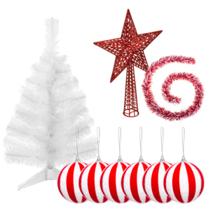 Pack decoración navidad: abeto blanco 70 cm con base + 6 bolas navidad rayas blanca y roja + estrella cresta roja + guirnalda espumillón blanca y roja