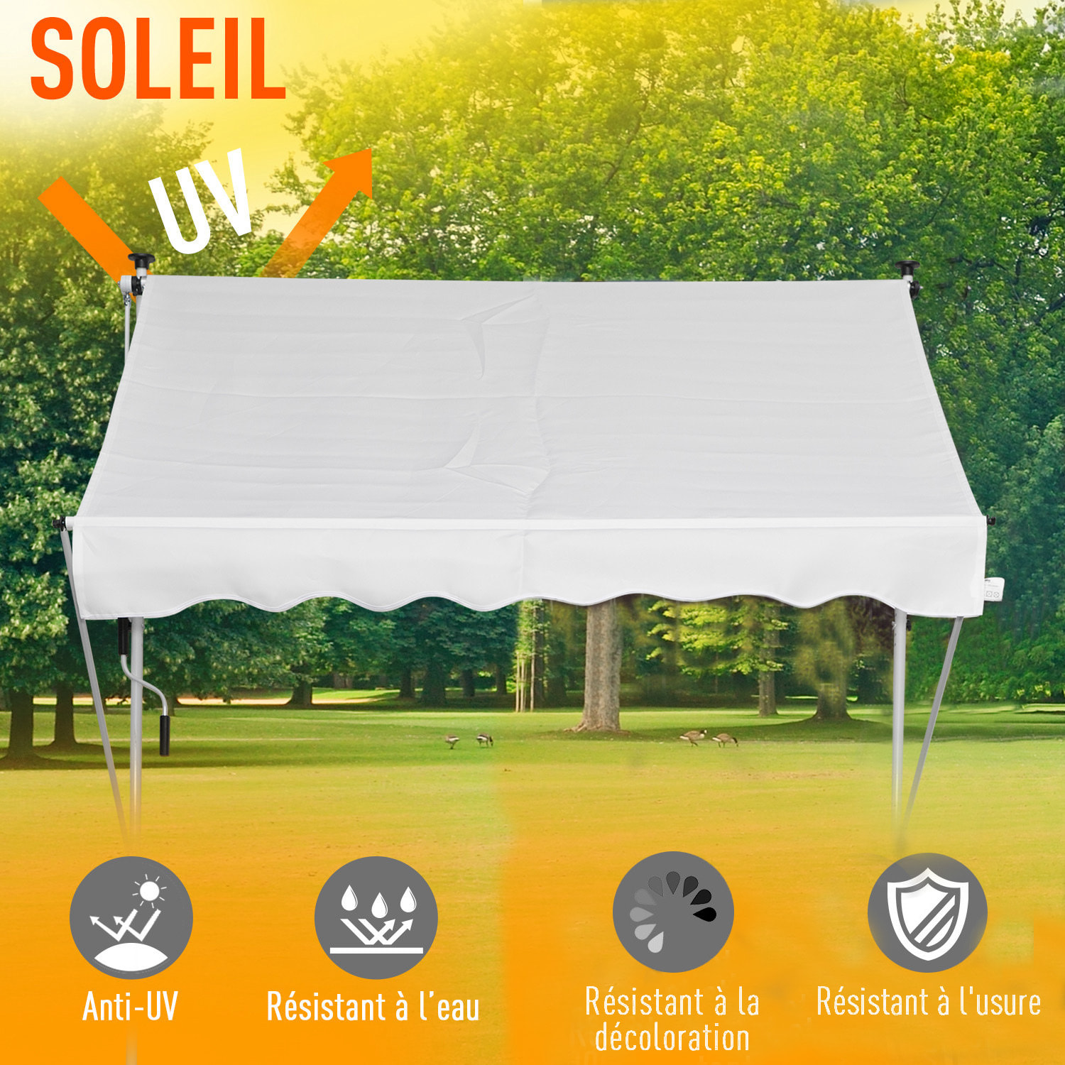 Store banne manuel rétractable 2L x 1,5l x 1,7-2,8H m inclinaison réglable installation rapide métal alu polyester blanc