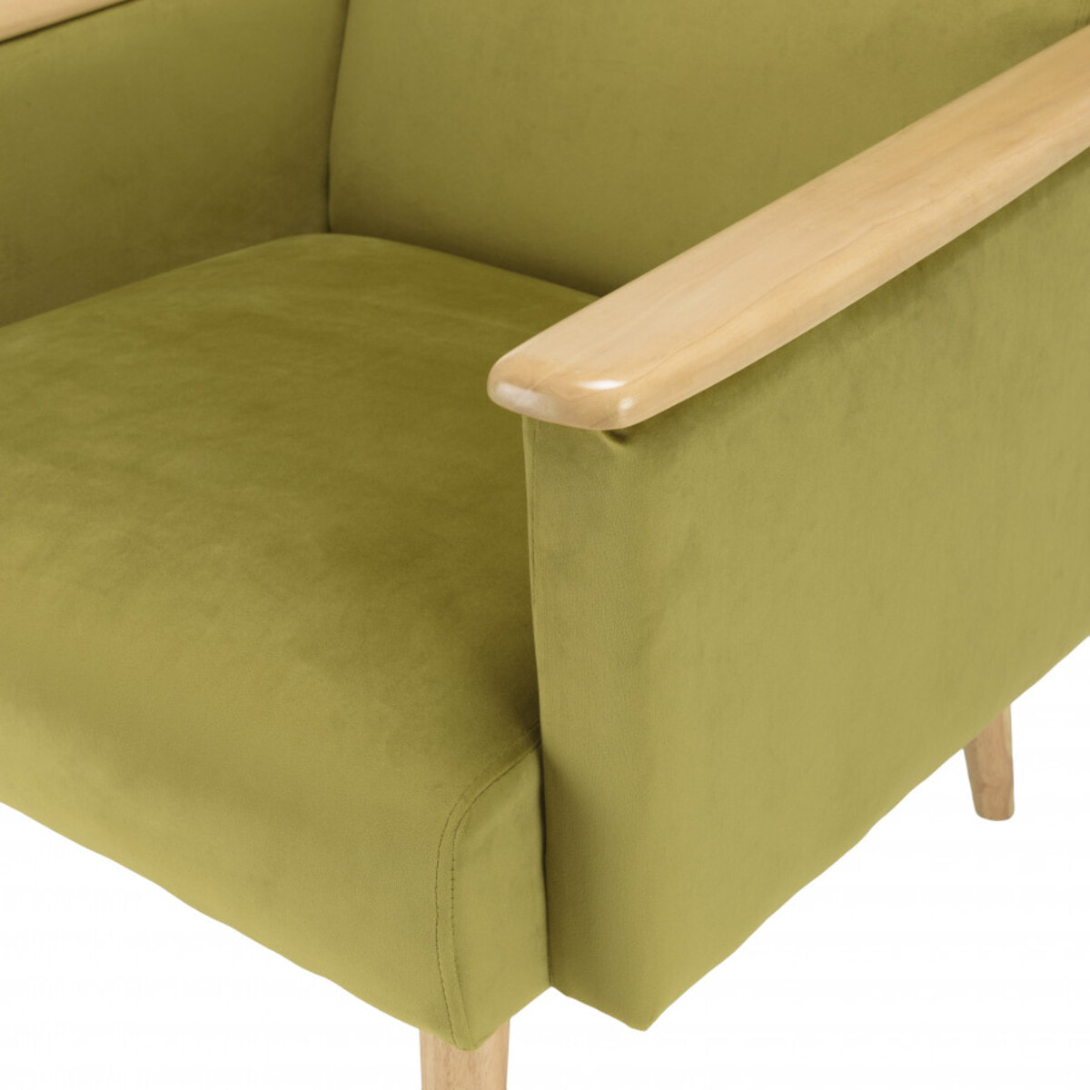 ALBANE - Fauteuil velours vert clair pieds et accoudoirs bois