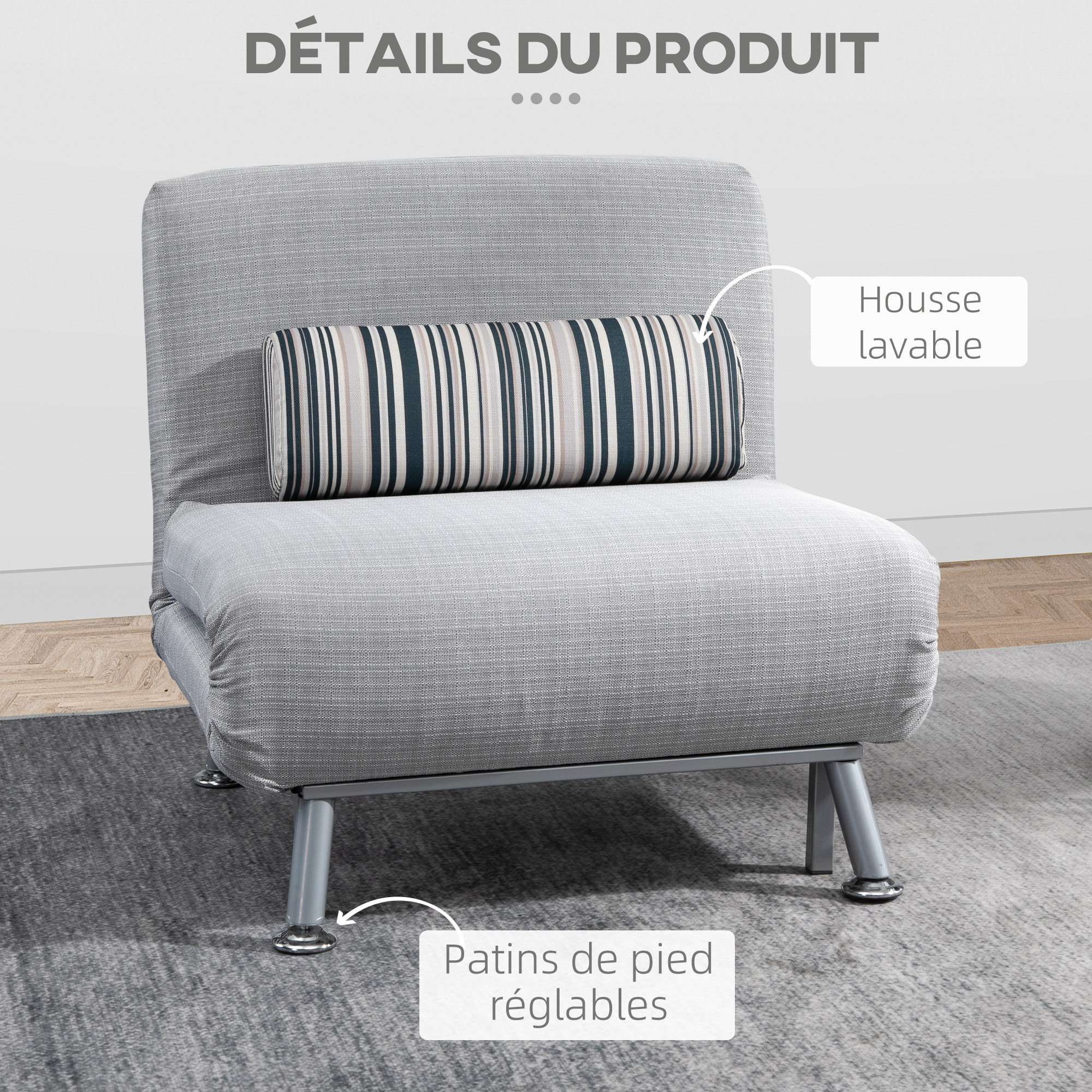 Fauteuil convertible 3 en 1 chauffeuse lit 1 place avec coussin gris