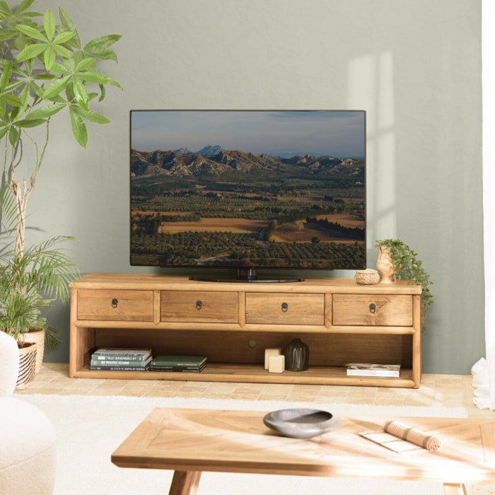 SANDY - Meuble TV 4 tiroirs 1 niche, longueur 200cm bois pin recyclé