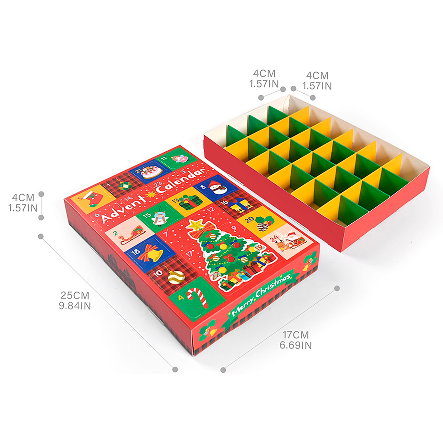 Caja para montar y rellenar. Calendario de adviento, con 24 huecos en total. (No incluyen regalos).