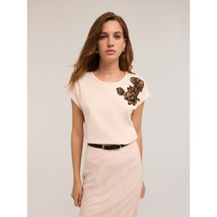 Motivi - Camiseta con flor bordada - Rosa