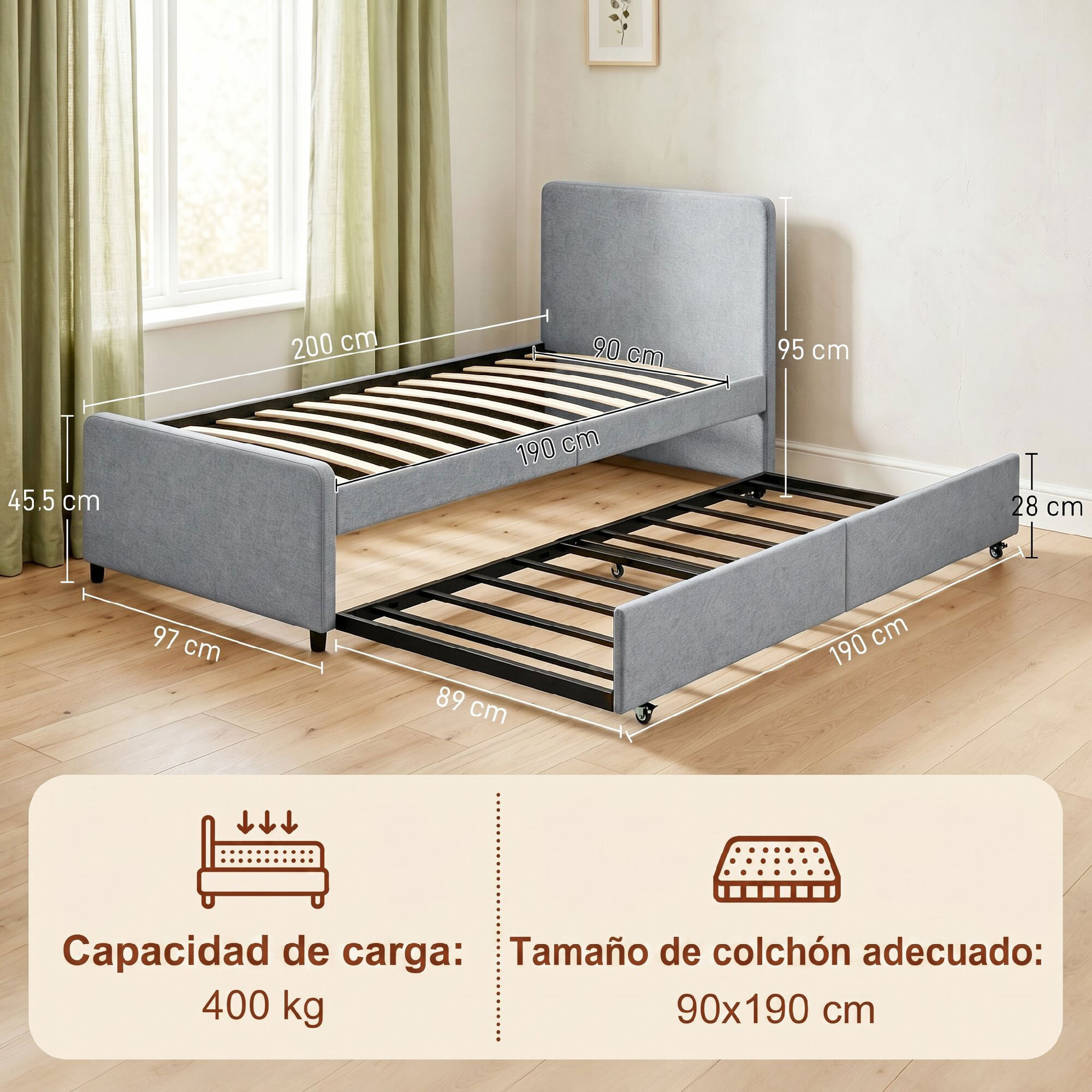 Cama Nido Individual, 90x190 cm, Estructura de Cama Tapizada en Lino con Cabecero y Piecero, Listones de Madera, Sin Colchón, Gris Claro