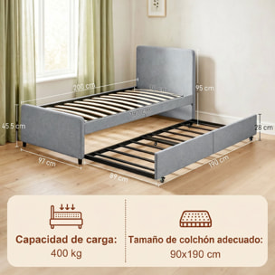 Cama Nido Individual, 90x190 cm, Estructura de Cama Tapizada en Lino con Cabecero y Piecero, Listones de Madera, Sin Colchón, Gris Claro
