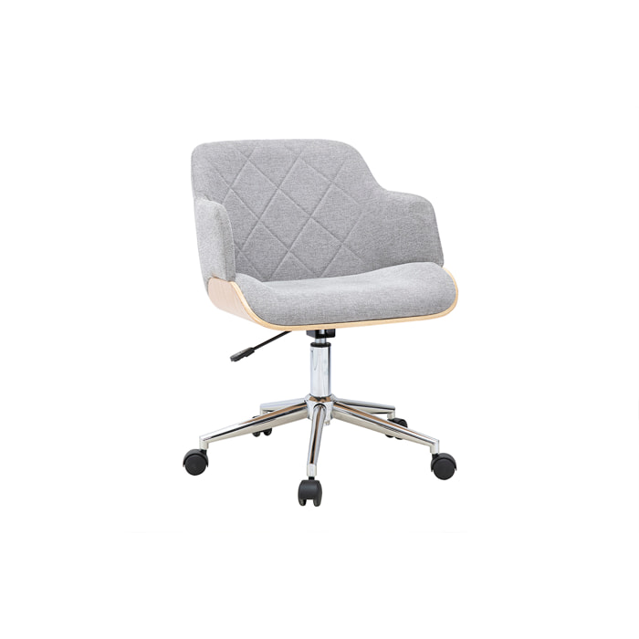 Chaise de bureau à roulettes design en tissu effet velours texturé gris, bois clair et acier chromé SANDRO