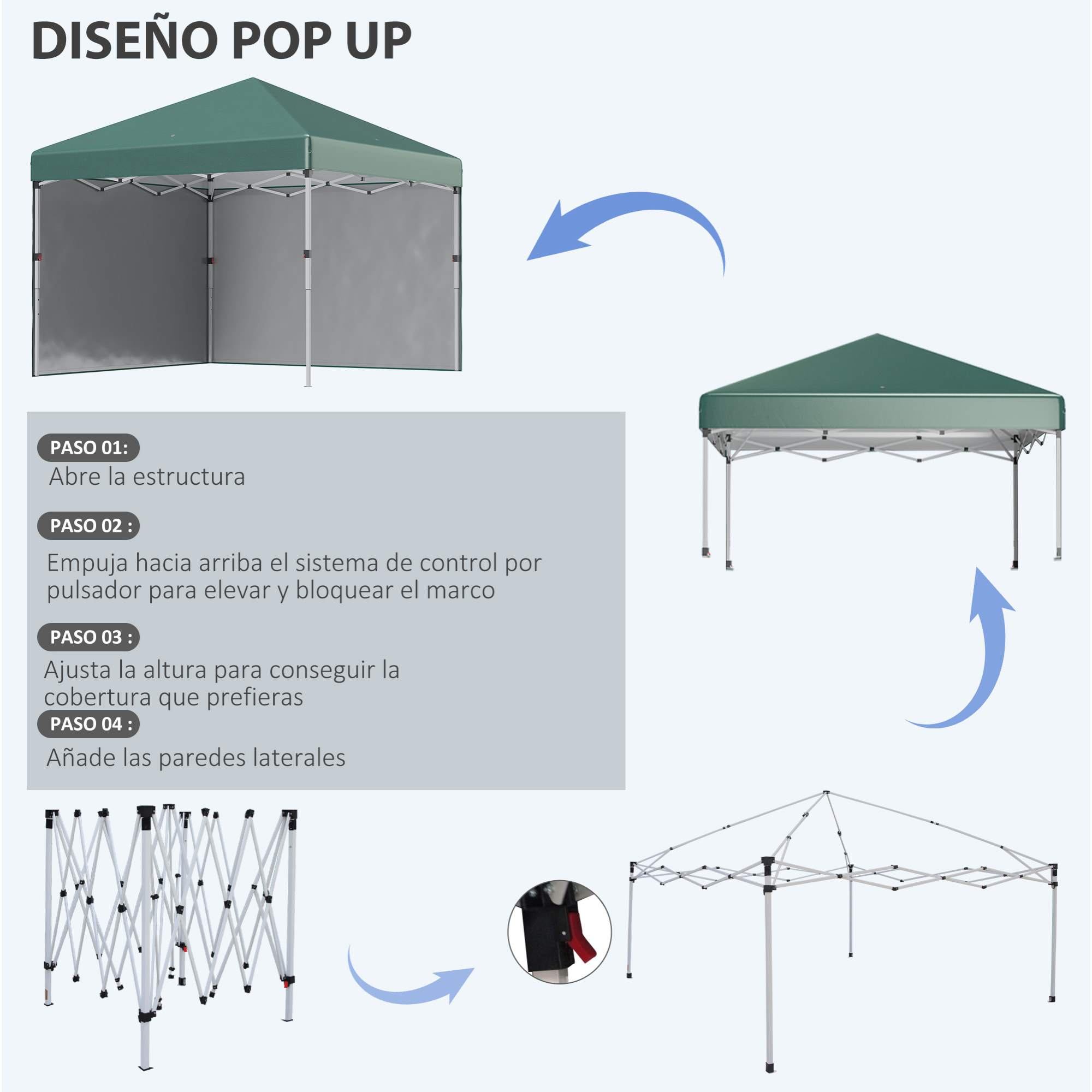 Carpa Plegable Pop-up Gazebo 3x3 m Cenador Plegable con 2 Paredes Laterales Anti-UV Altura Ajustable en 3 Niveles Sacos de Arena y Bolsa de Transporte con Ruedas para Camping Fiestas Verde