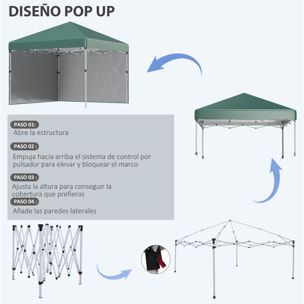 Carpa Plegable Pop-up Gazebo 3x3 m Cenador Plegable con 2 Paredes Laterales Anti-UV Altura Ajustable en 3 Niveles Sacos de Arena y Bolsa de Transporte con Ruedas para Camping Fiestas Verde