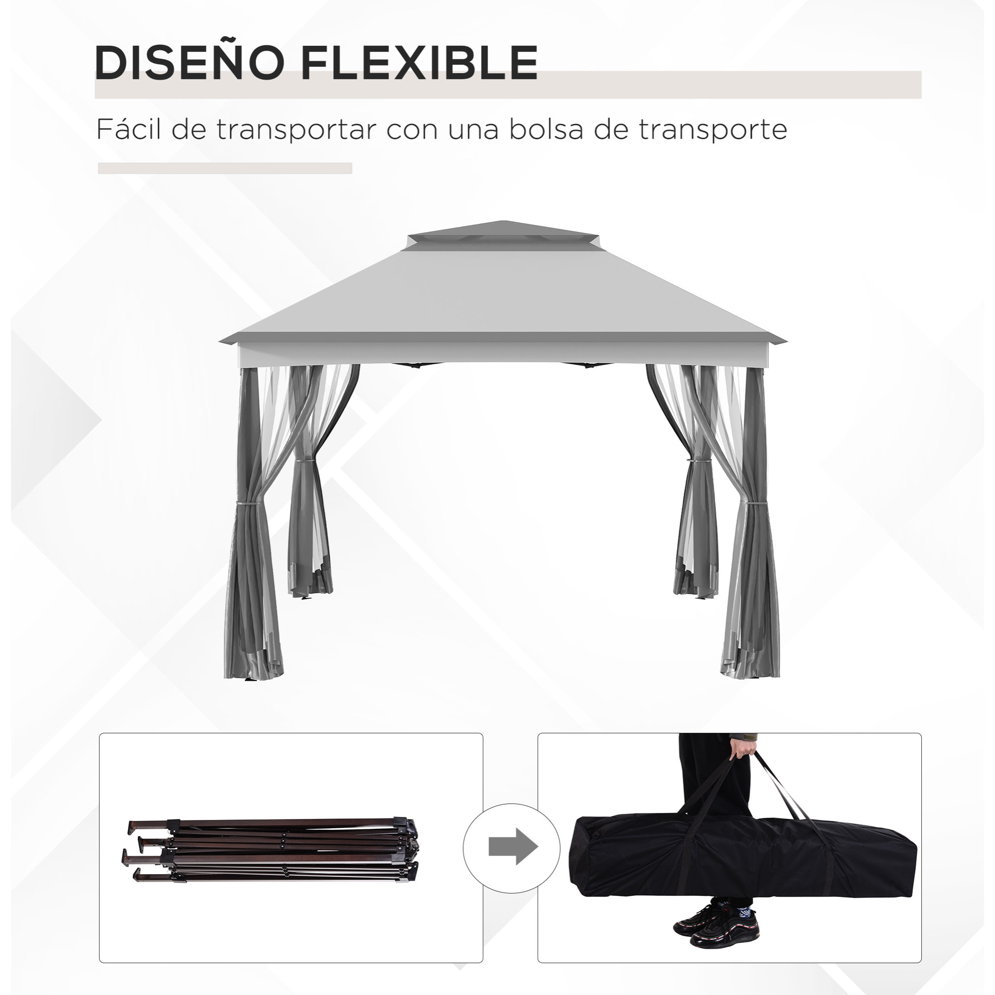 Carpa Plegable Gazebo 3,3x3,3 m Cenador Plegable con 4 Paredes Laterales de Malla Anti-UV y Bolsa de Transporte para Camping Fiestas Gris Claro