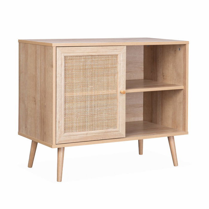 Meuble de rangement en cannage 80x39x65.8cm  Bohème - Naturel -  2 niveaux - 1 porte -  pieds scandinaves. buffet bas