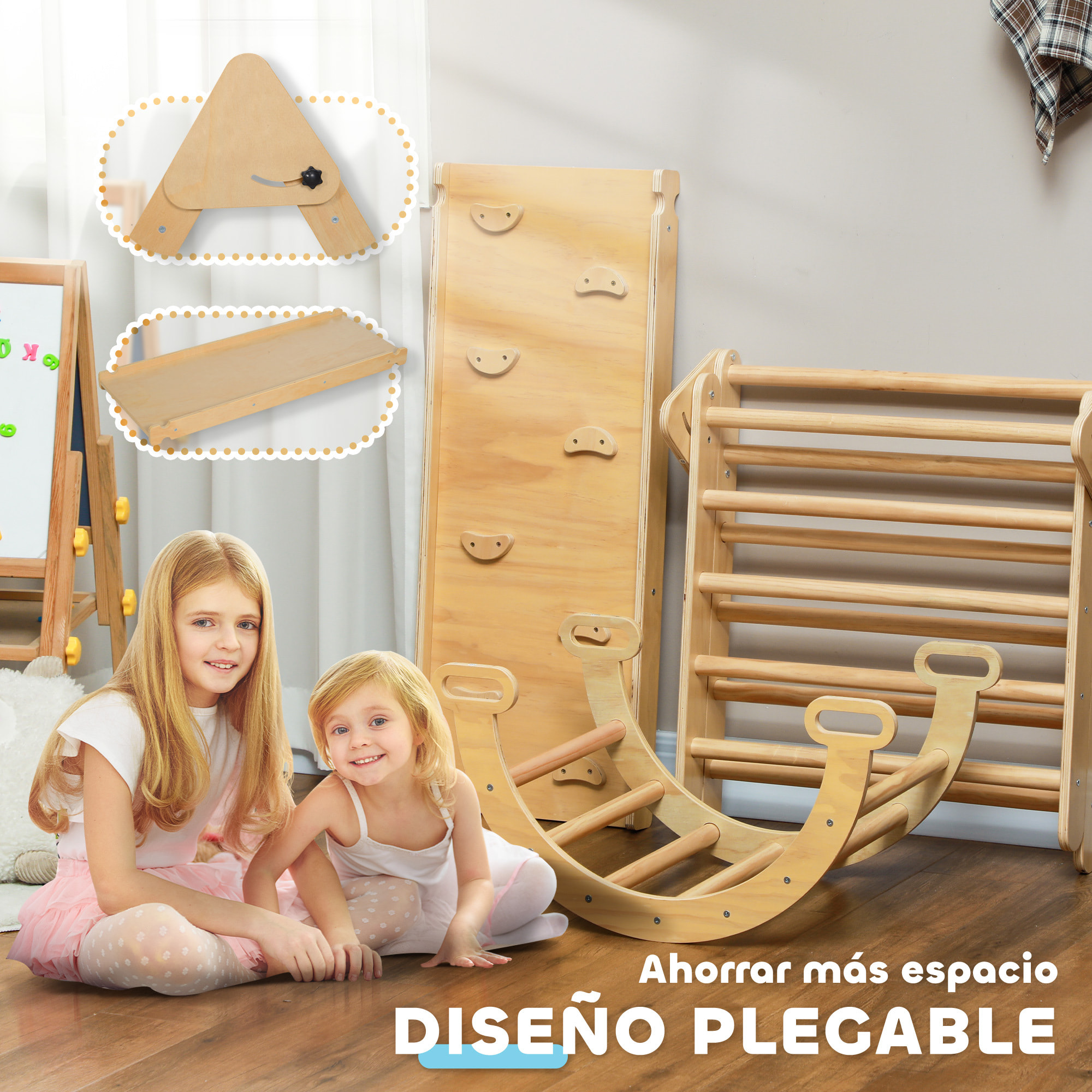 5 en 1 Triángulo de Escalada Montessori con Arco y Rampa, Escalada para Niños de Madera Plegable, para 18-48 Meses, para Deslizarse o Escalar, 178x64,5 cm, Madera Natural
