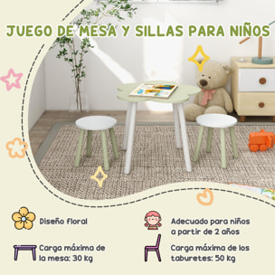 Juego de Mesa y 2 Sillas Infantiles Mesa con Sillas para Niños de 2-5 Años con Mesa en Forma de Flores Ø59x50 cm y Sillas Ø28x26 cm para Dormitorio Sala Blanco y Verde Pastel