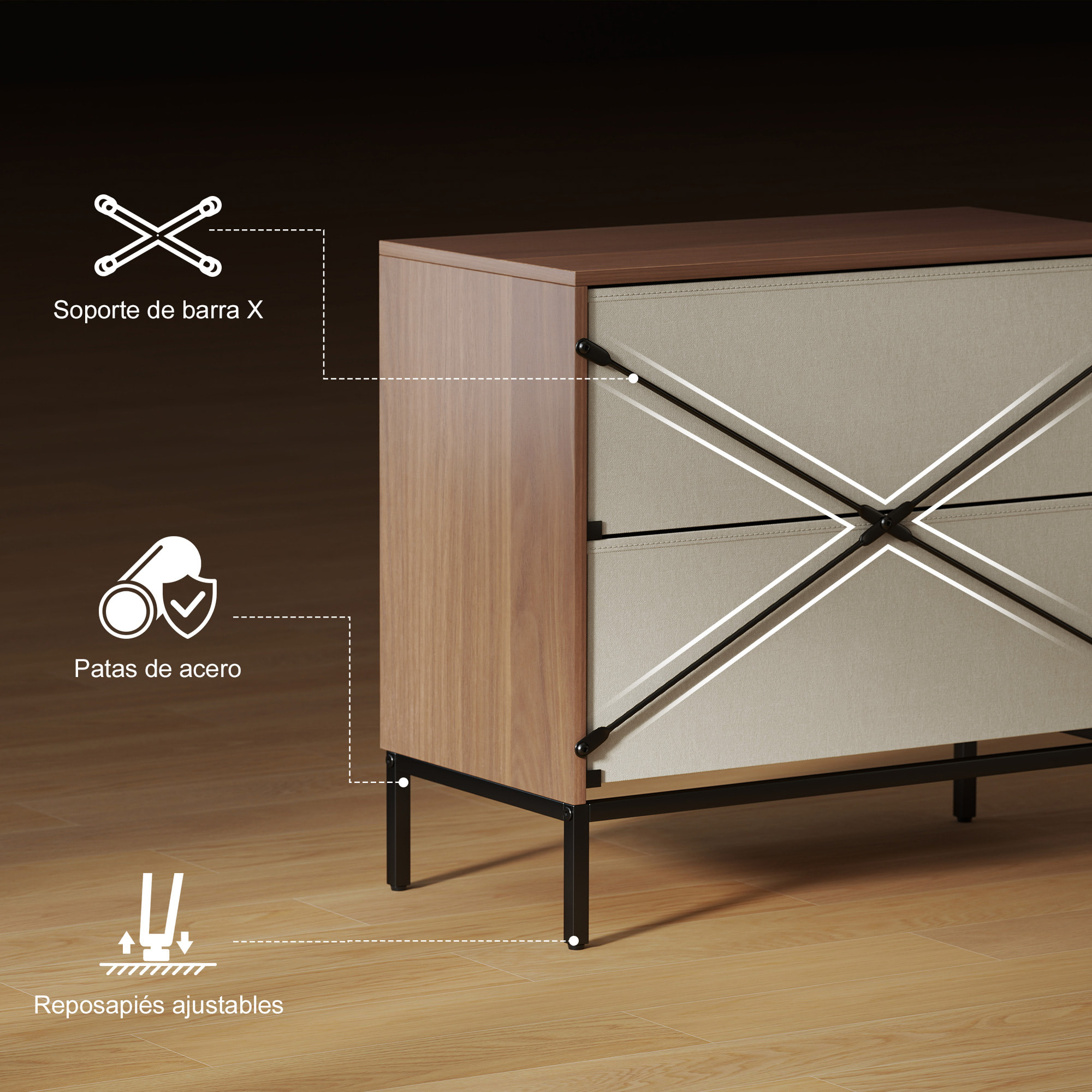 Cómoda con 2 Cajones de Tela, Cómoda para Dormitorio, Frentes con Patrón de Diamante, Cajonera para Salón, Oficina, Vestidor, Natural y Blanco