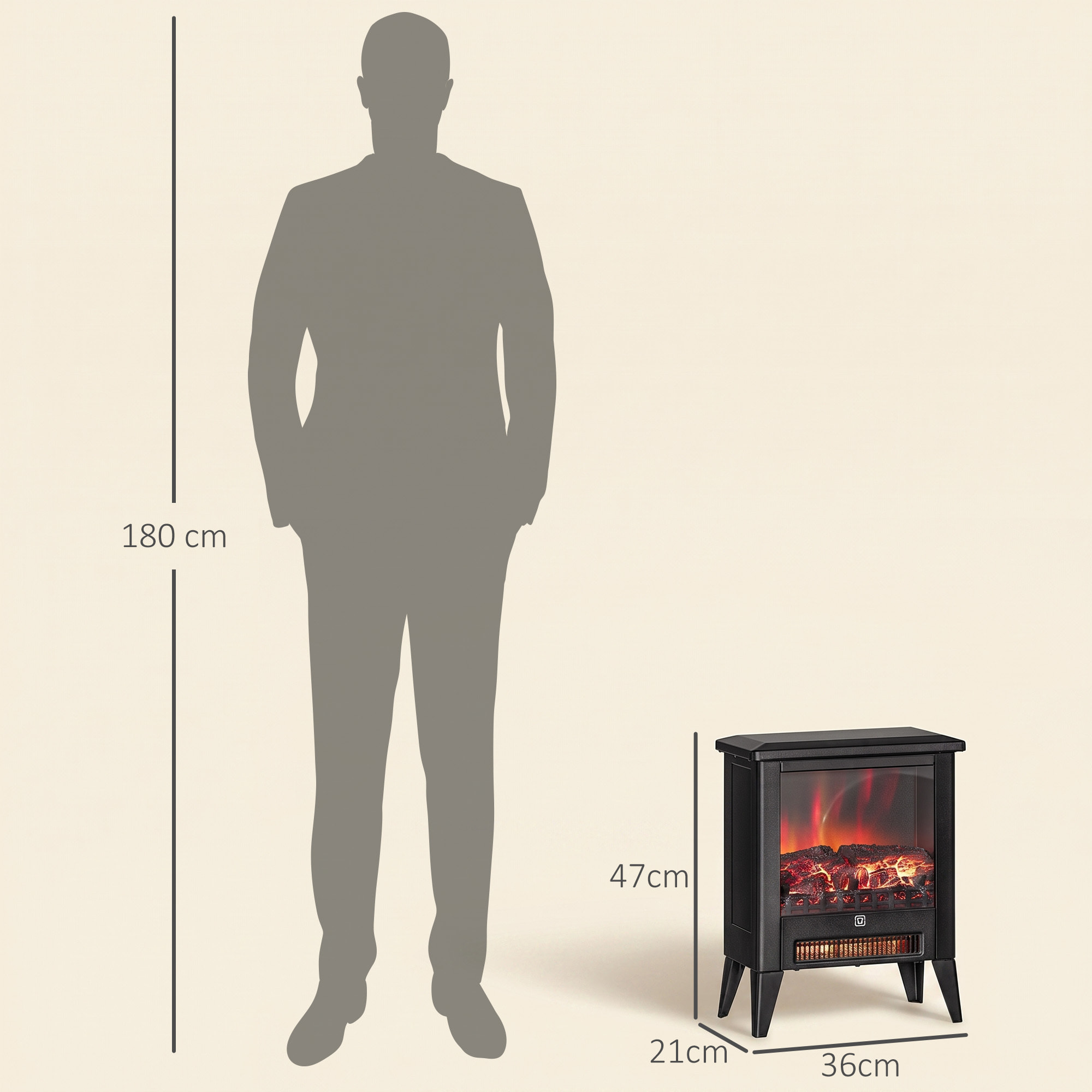 Chimenea Eléctrica, 1800W, Chimenea Decorativa Independiente, Efecto de Llama LED, Bajo Ruido, Protección contra Sobrecalentamiento, para 30 m², Sala, Dormitorio, Negro